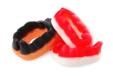 Photo of Delicious colorful candies on white background. Halloween sweets