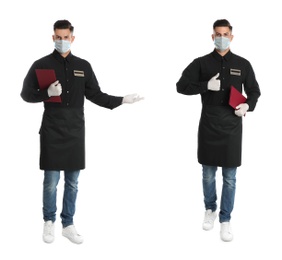 Image of Collage with photos of waiter wearing medical mask on white background. Protective measures during coronavirus outbreak