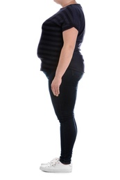 Photo of Overweight woman on white background, closeup. Weight loss