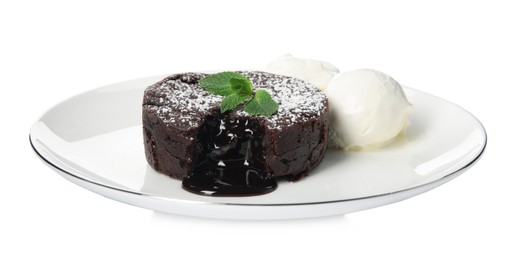 Photo of Plate of delicious fresh fondant with hot chocolate, mint and ice cream on white background