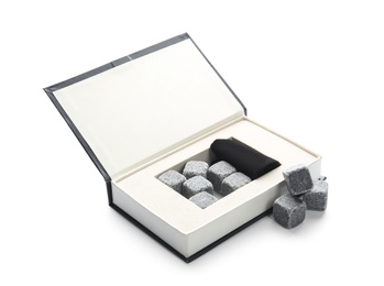 Photo of Box with whiskey stones on white background