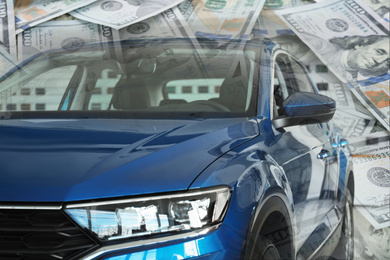Image of Buying car. Double exposure of auto and dollar banknotes