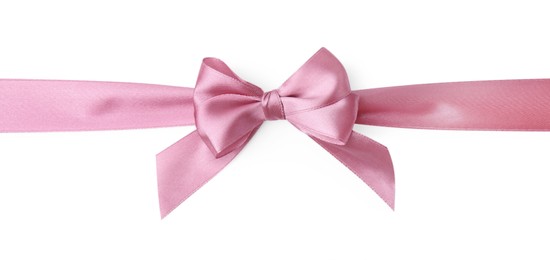 Photo of Pink satin ribbon with bow on white background, top view