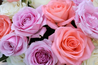 Photo of Beautiful bouquet of aromatic roses as background, closeup