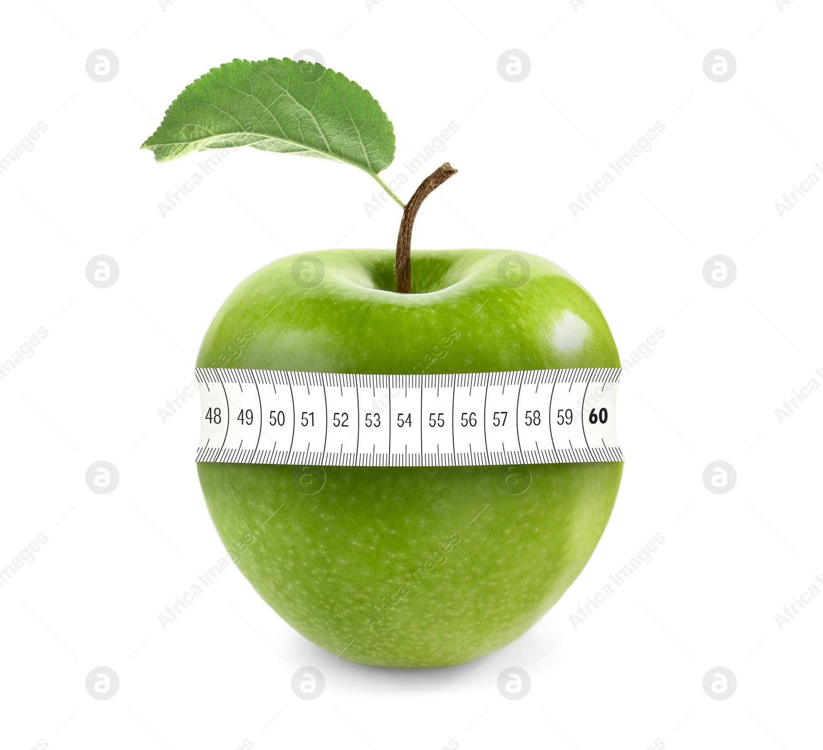 Image of Green apple with measuring tape on white background. Slimming, weight loss concept