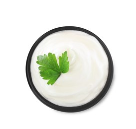 Photo of Delicious sour cream with parsley in bowl on white background, top view