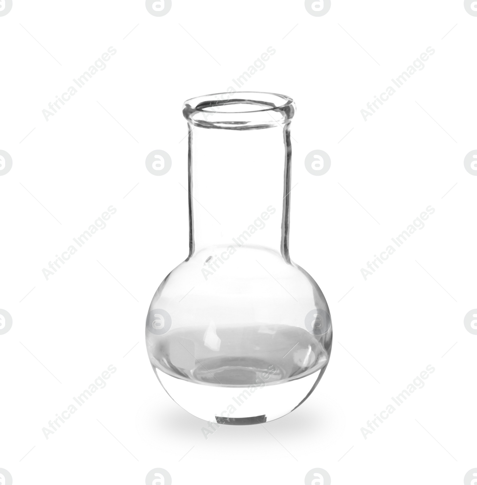 Photo of Flask with liquid on white background. Laboratory analysis equipment