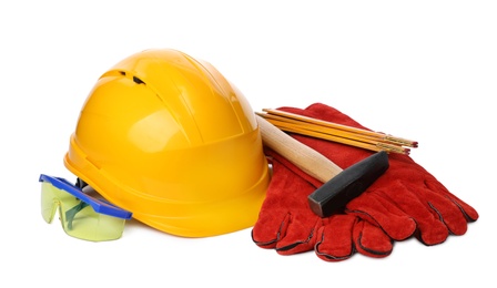 Photo of Composition with different construction tools isolated on white