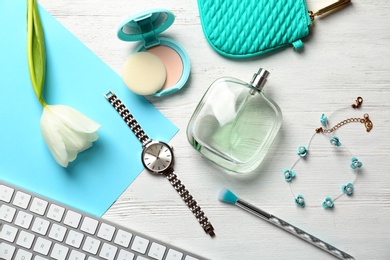Photo of Flat lay composition with cosmetics and stylish accessories on light background. Blogger concept