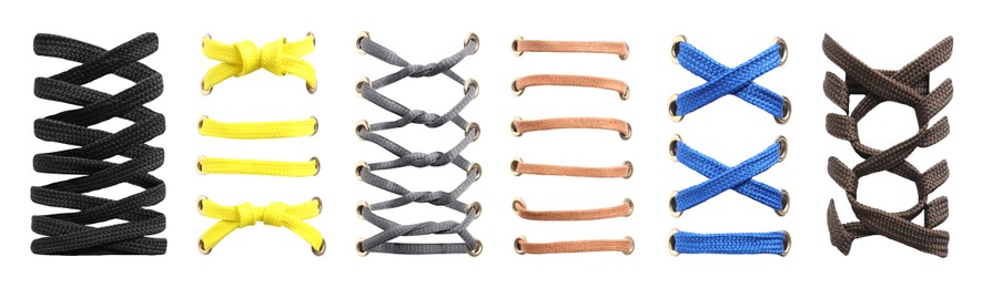 Different color shoe laces on white background, collage. Banner design