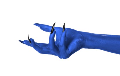 Image of Creepy monster. Blue hand with claws isolated on white