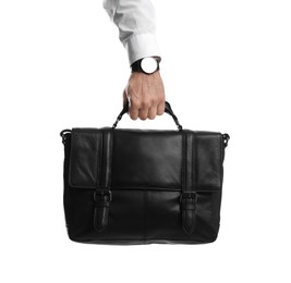 Photo of Man holding stylish leather briefcase on white background, closeup