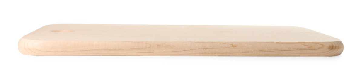 Photo of One wooden cutting board on white background
