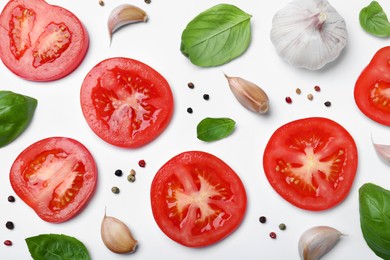 Photo of Composition with fresh green basil leaves on white background, top view