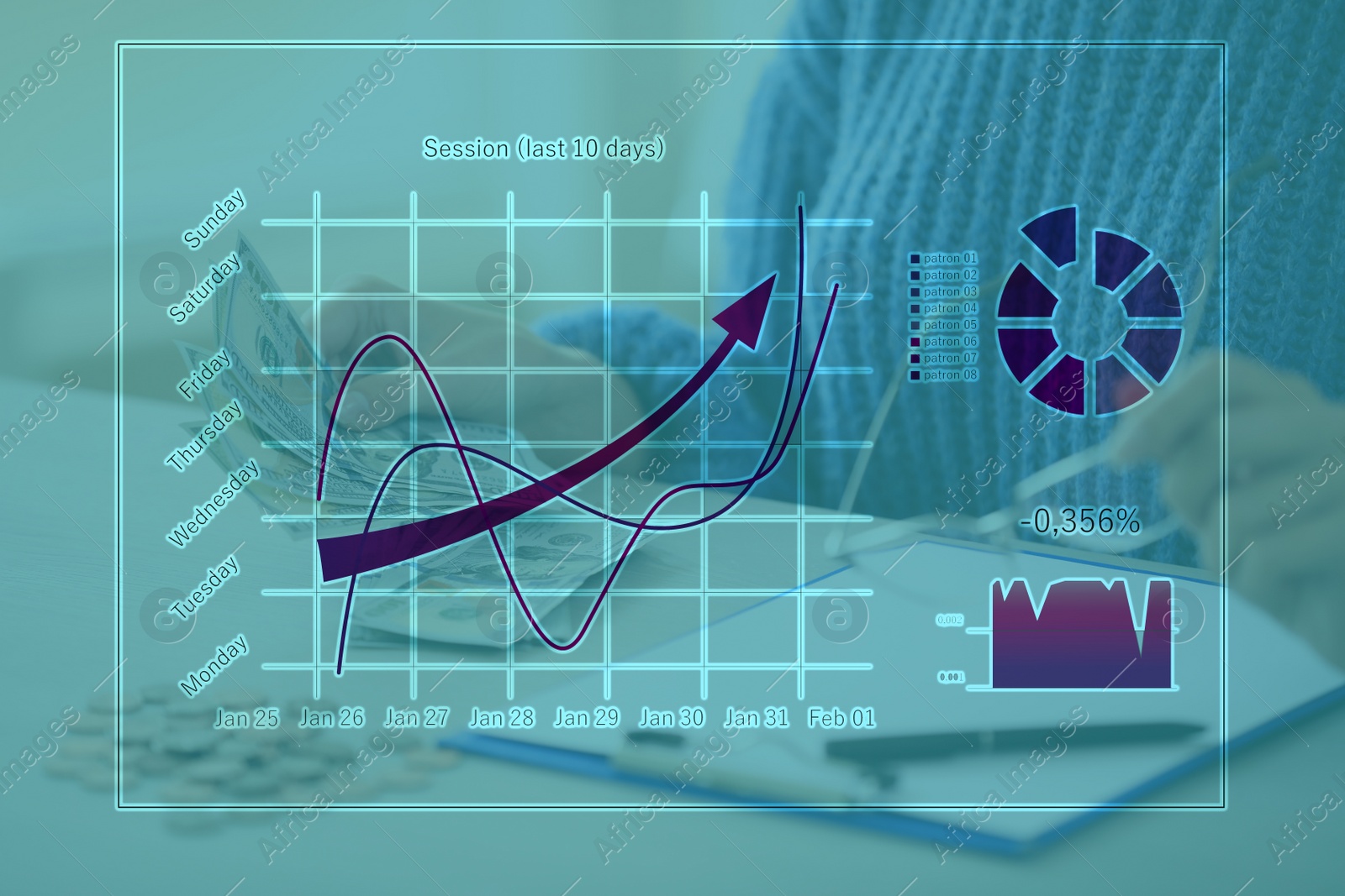 Image of Forex trading. Woman with money at table and charts, closeup