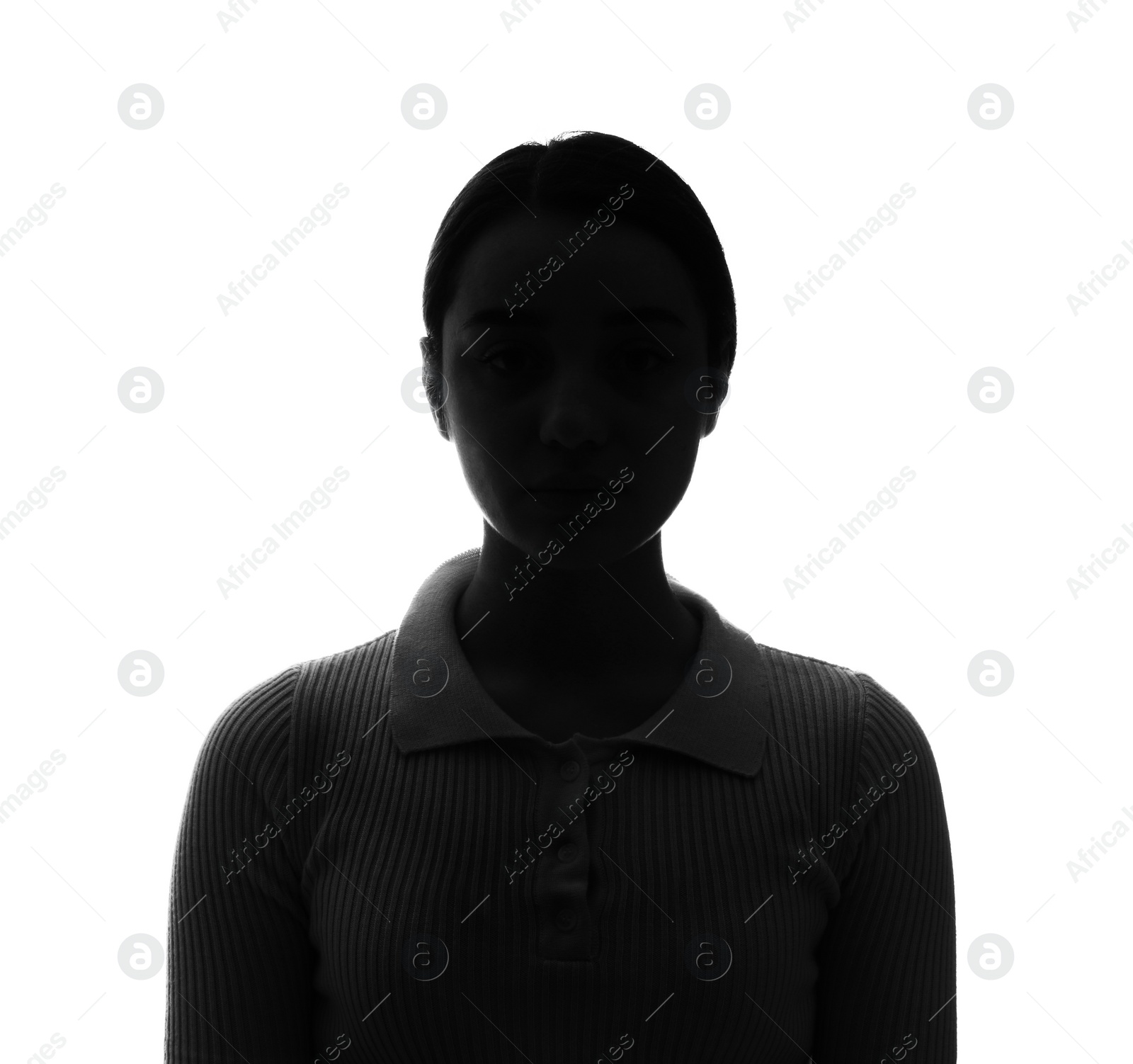 Photo of Silhouette of anonymous woman on white background