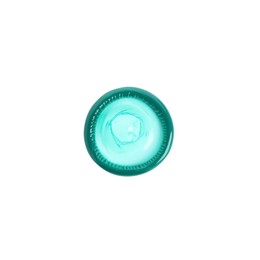 Photo of Unpacked green condom isolated on white, top view. Safe sex