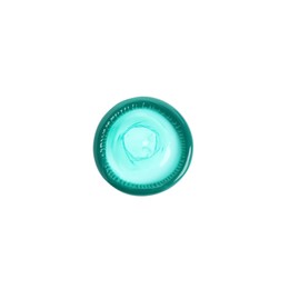 Unpacked green condom isolated on white, top view. Safe sex