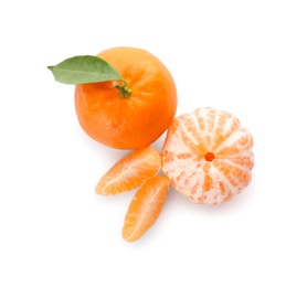 Photo of Fresh tangerines with green leaf on white background, top view