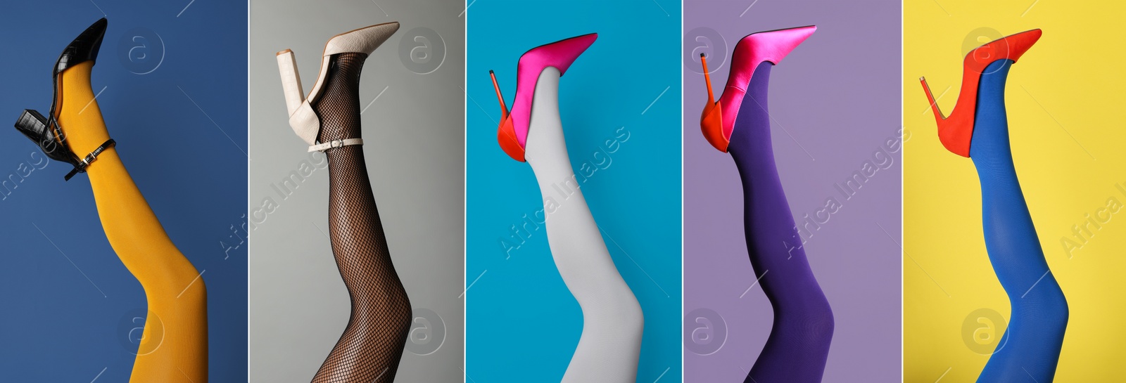 Image of Collage with photos of women showing fashionable collections of stylish shoes, tights and socks on different color backgrounds, closeup view of legs. Banner design