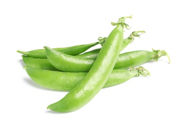 Photo of Delicious fresh green peas on white background