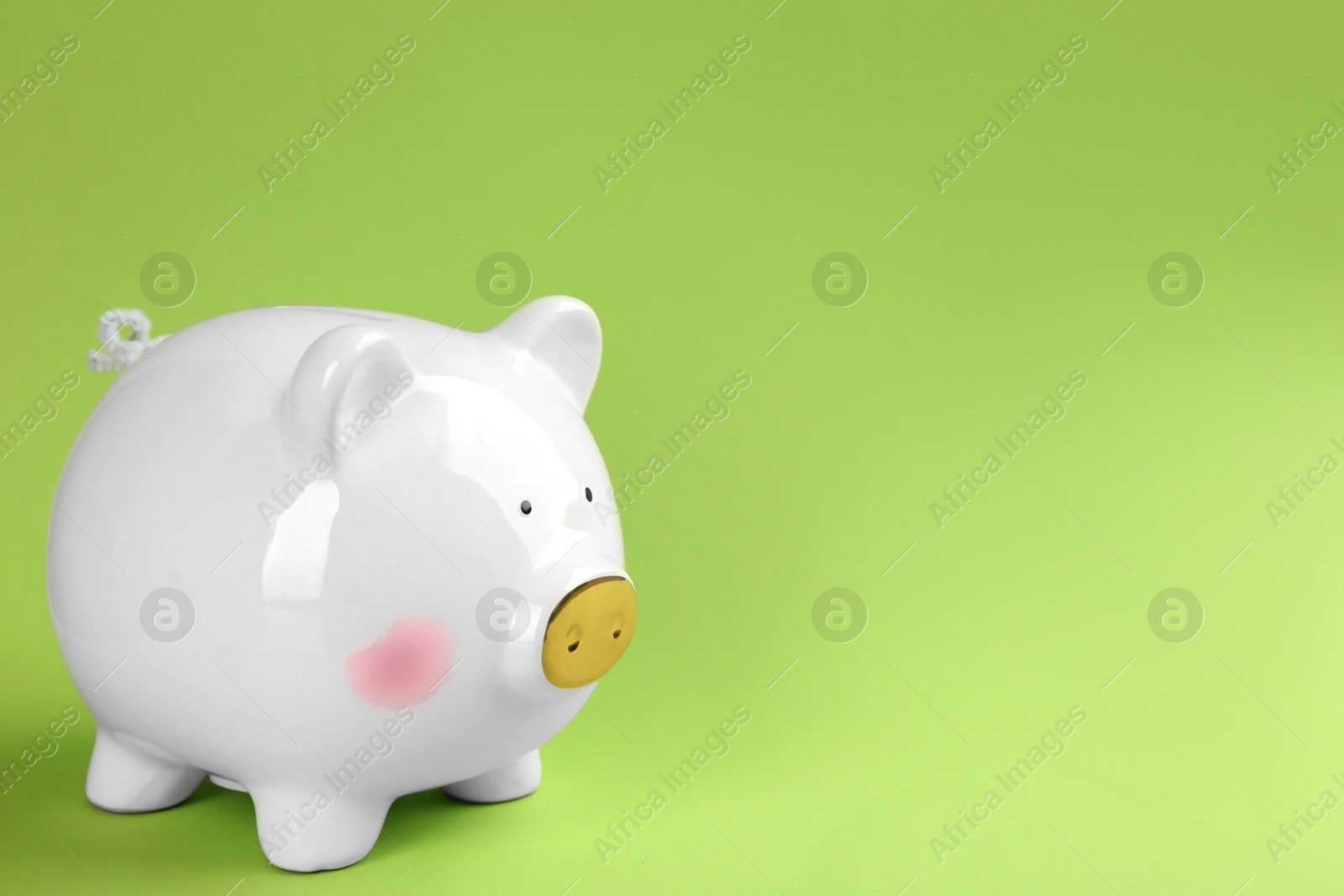 Photo of White piggy bank on green background. Space for text