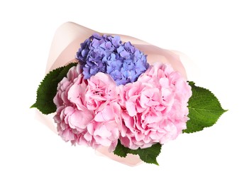 Photo of Bouquet with beautiful hortensia flowers isolated on white, top view
