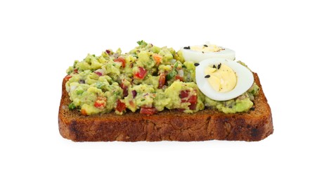 Photo of Slice of bread with tasty guacamole and eggs isolated on white