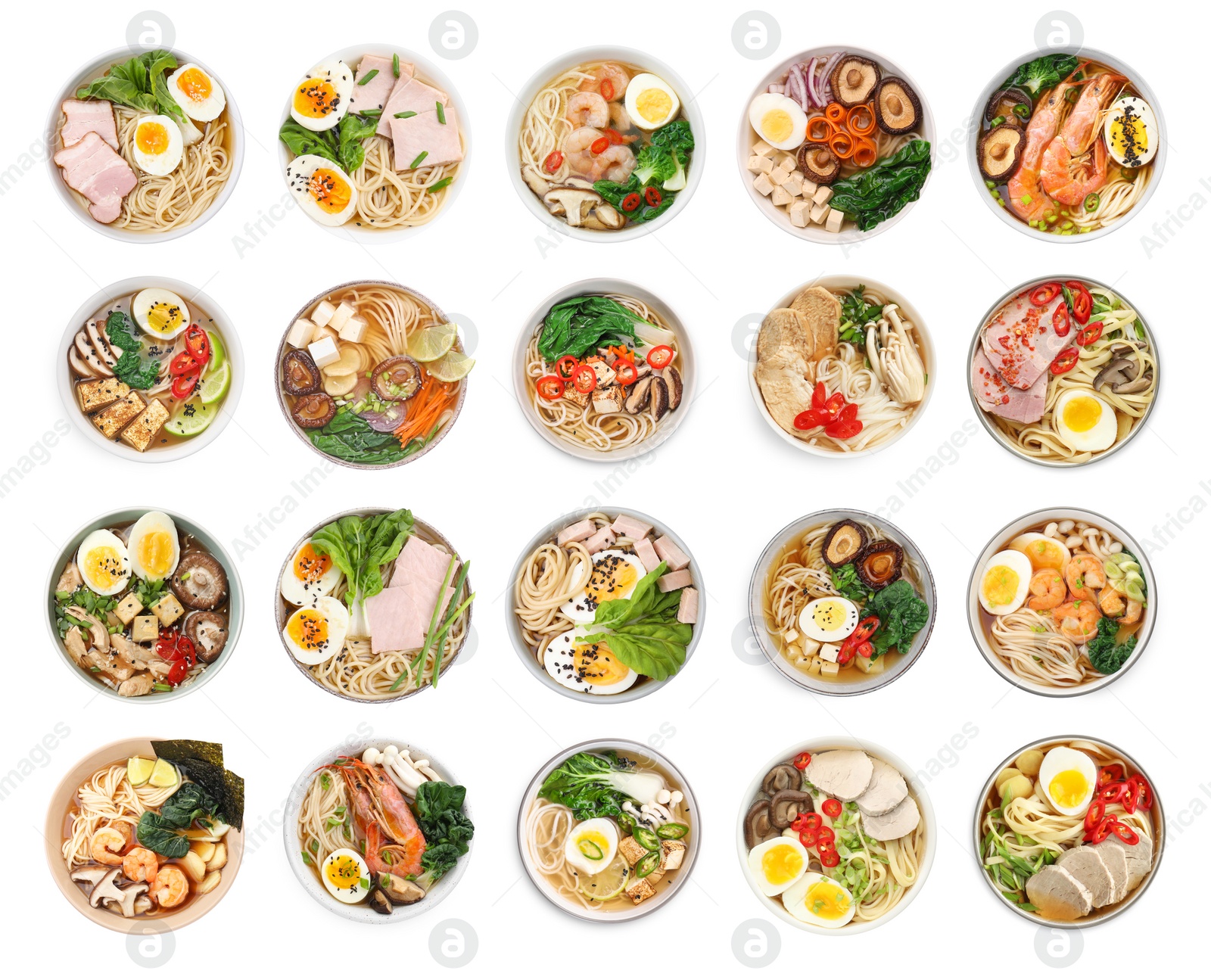 Image of Set with bowls of delicious ramen with different ingredients isolated on white, top view. Noodle soup