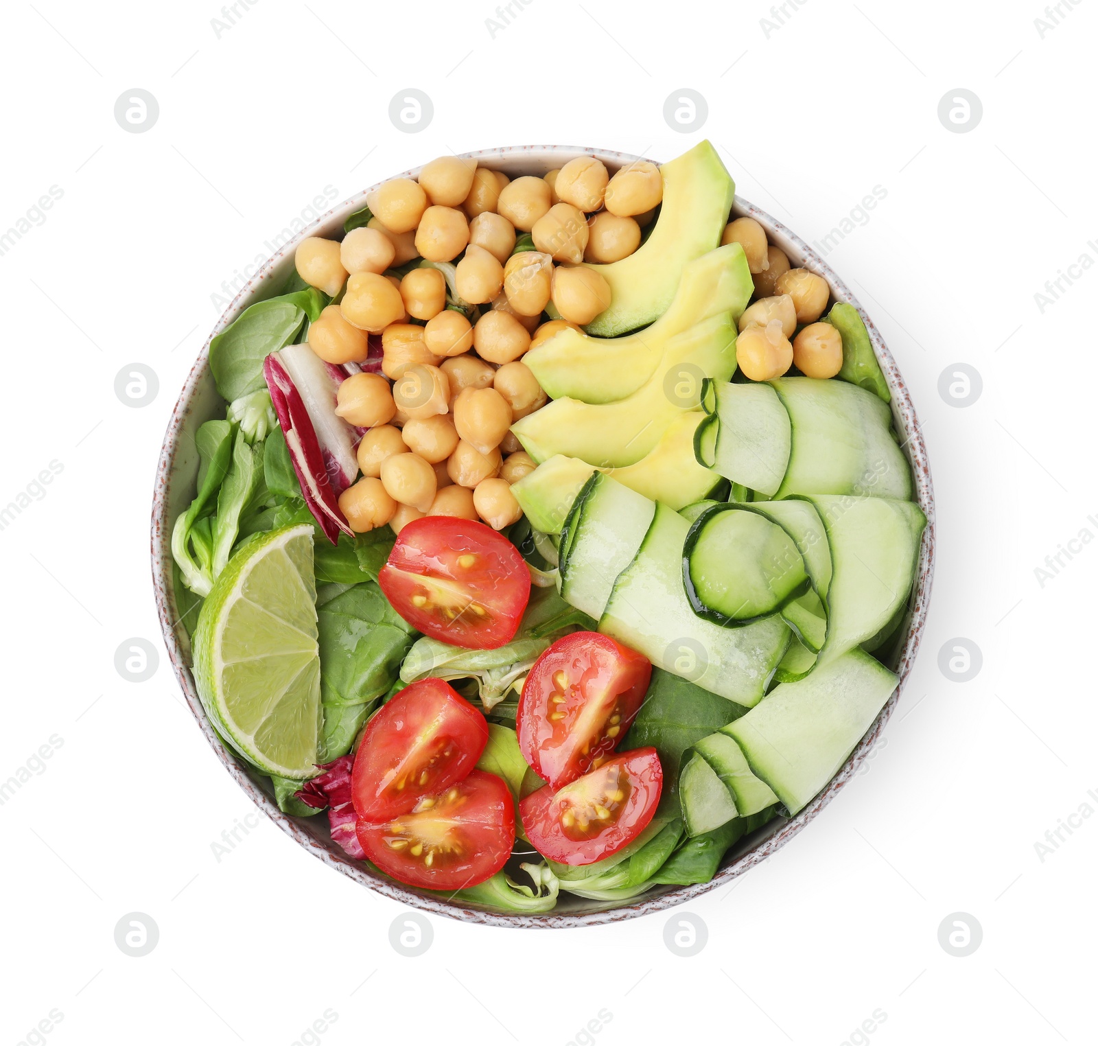 Photo of Tasty salad with chickpeas and vegetables isolated on white, top view