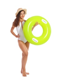 Photo of Beautiful young woman with inflatable ring on white background