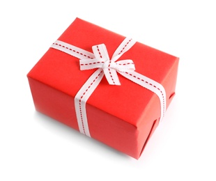 Photo of Beautifully wrapped gift box on white background