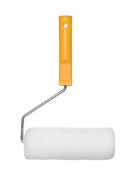 Photo of New clean paint roller on white background