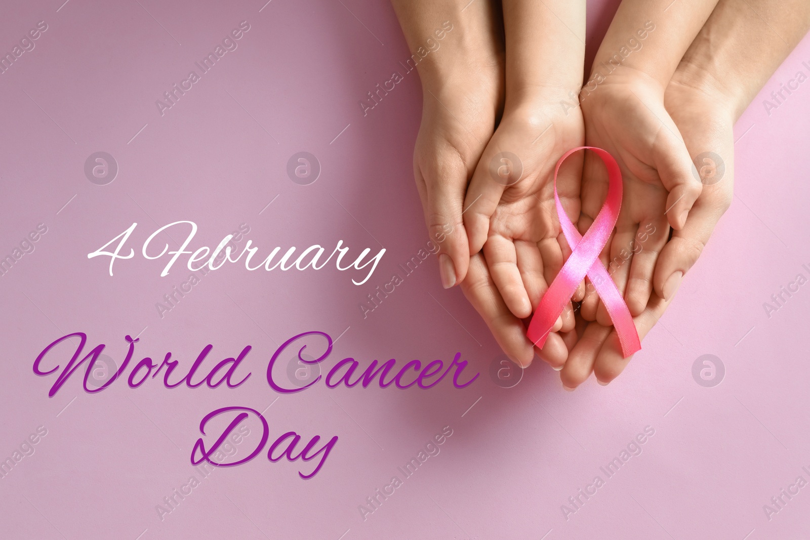 Image of Woman and child holding pink ribbon on color background, top view. World Cancer Day
