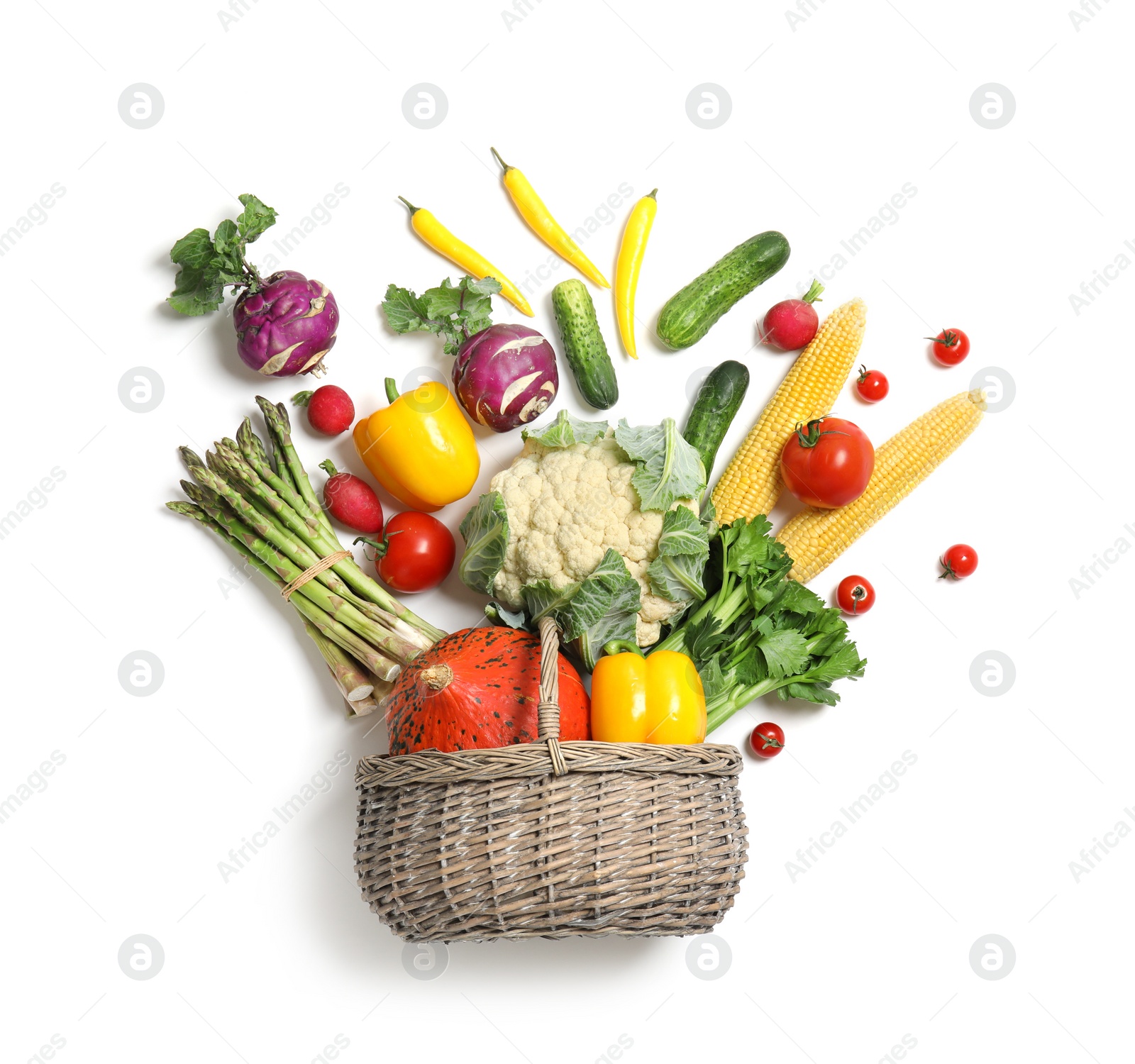 Photo of Flat lay composition with fresh vegetables on white background