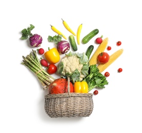 Flat lay composition with fresh vegetables on white background