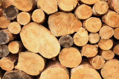 Photo of Stacked firewood as background, closeup. Heating in winter