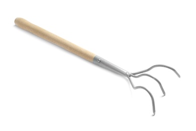 Photo of New rake on white background. Professional gardening tool