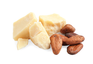 Organic cocoa butter and beans isolated on white