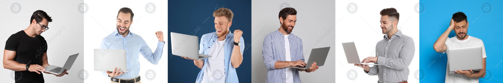 Image of Collage with photos of men holding modern laptops on different color backgrounds. Banner design