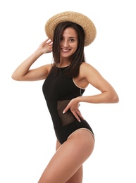 Photo of Pretty sexy woman with slim body in stylish black bikini on white background