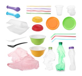 Image of Set with different plastic items on white background