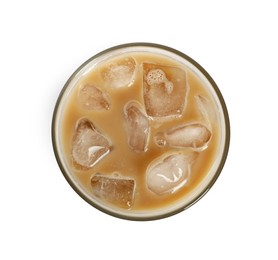 Photo of Iced coffee with milk in glass isolated on white, top view