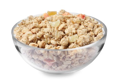 Photo of Granola in bowl on white background. Healthy snack