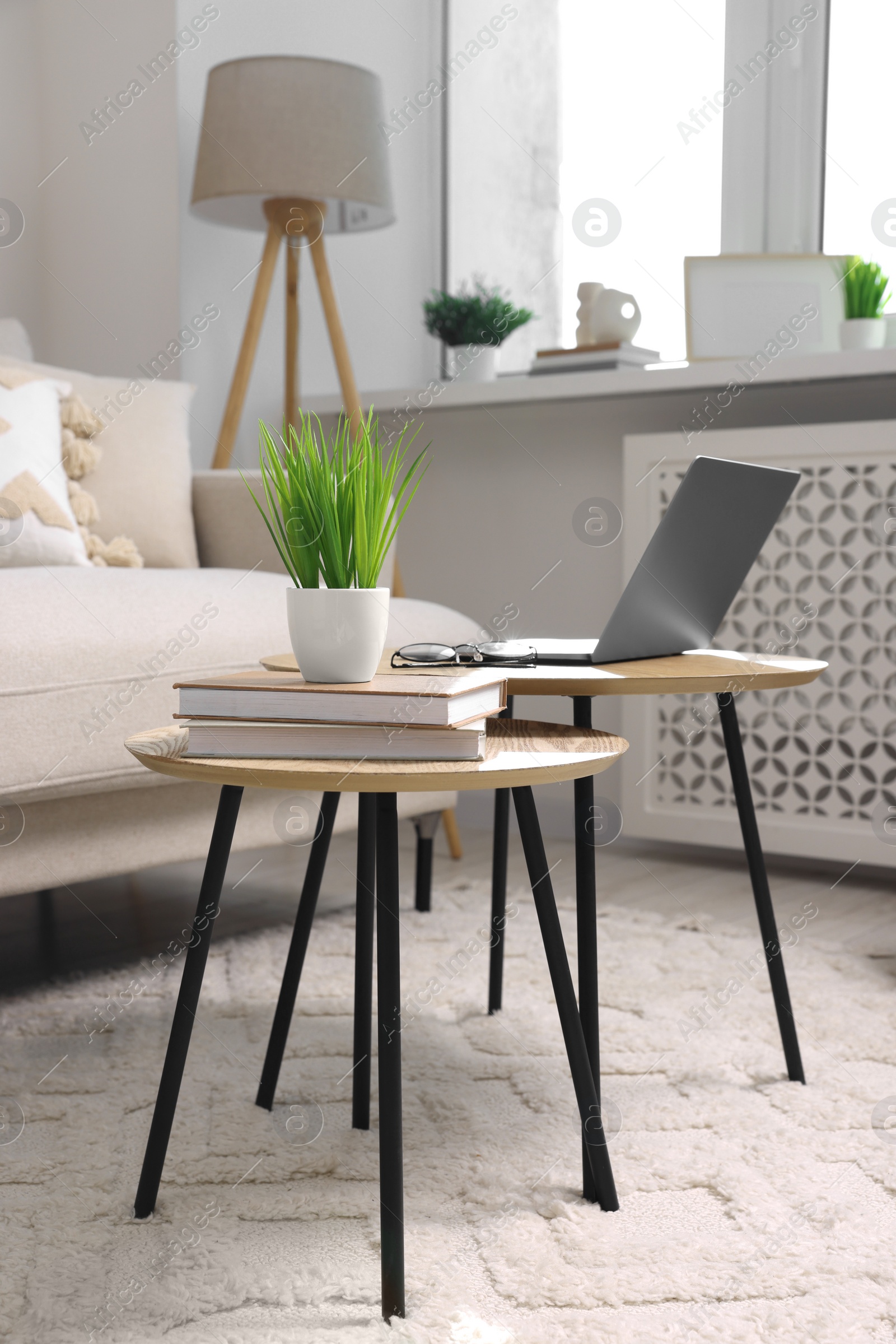 Photo of Potted artificial plant, laptop and books on wooden nesting tables indoors