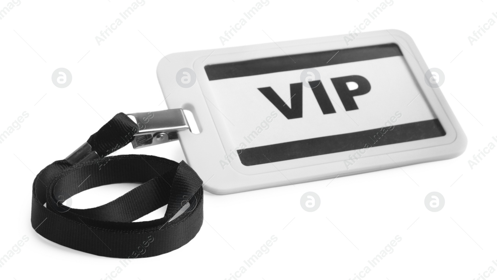 Photo of Plastic VIP badge with black ribbon isolated on white