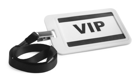Plastic VIP badge with black ribbon isolated on white