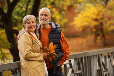 Photo of Affectionate senior couple with dry leaves in autumn park, space for text