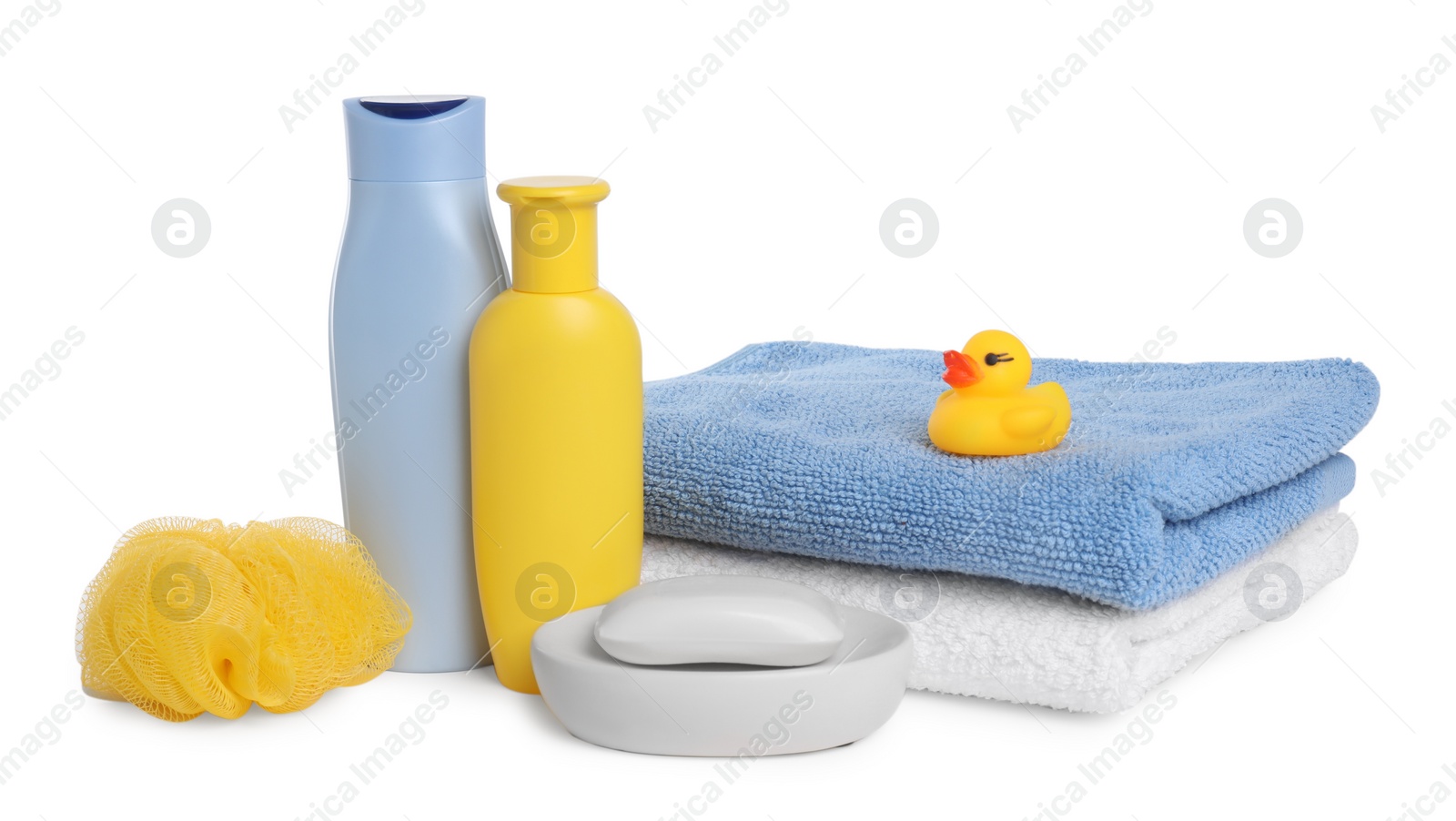 Photo of Baby cosmetic products, bath duck, sponge and towels isolated on white