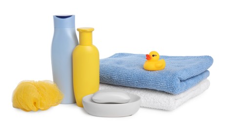 Photo of Baby cosmetic products, bath duck, sponge and towels isolated on white